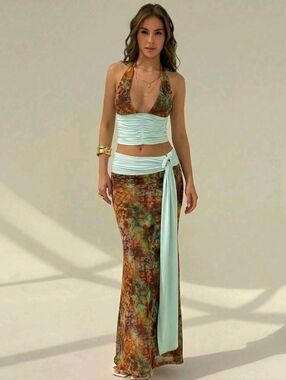Aloruh Bohemian Print Halter Neck Camisole + Skirt  2-Piece Set